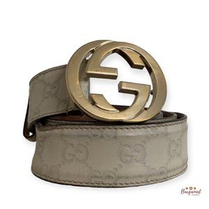 Authentic Gucci Cream Guccissima Leather Gold Interlocking G Buckle Belt 85/34
